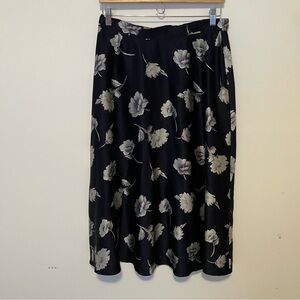 VTG Talbots Navy Floral Silk Midi Skirt Sz. 14 Petite A Line Y2K Feminine Office